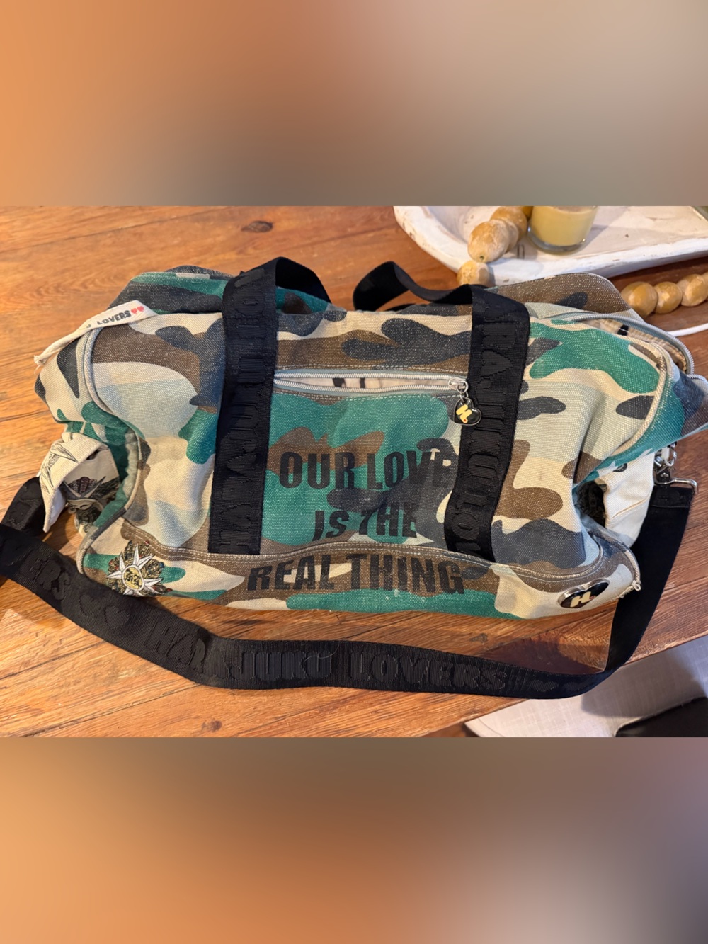 Harajuku Lovers Green and Tan Camo Canvas Travel Duffel